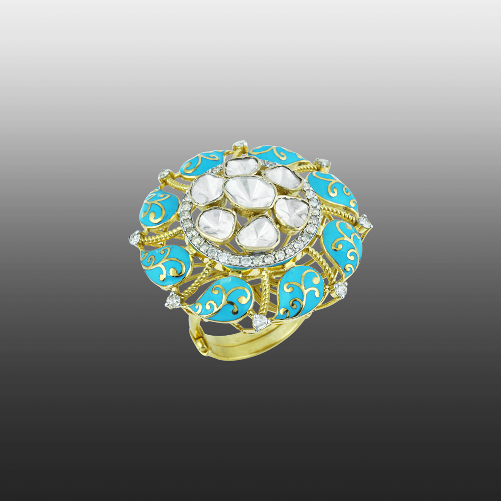 Polki Ring with Turquoise Enamel and Gold Accents